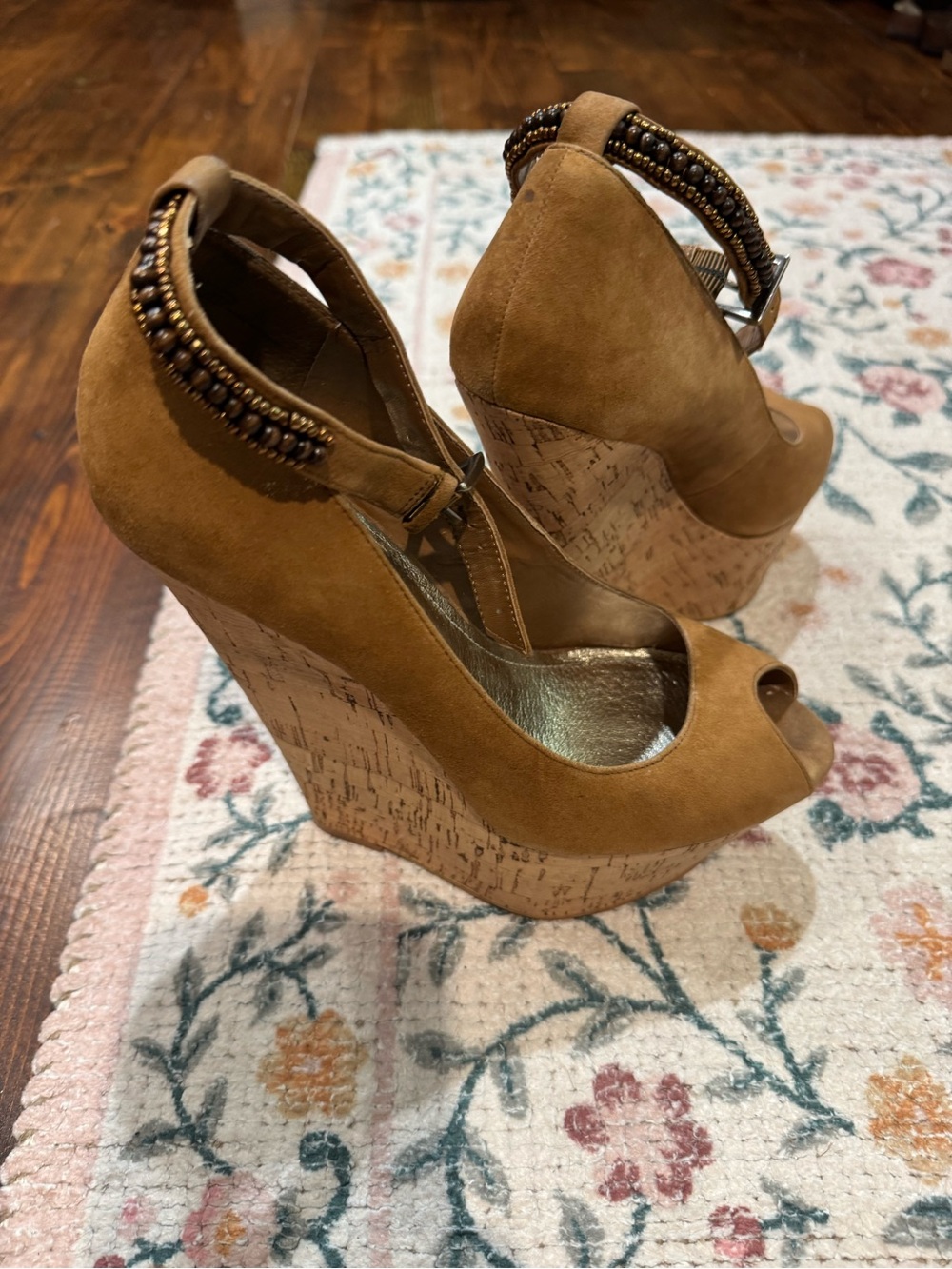 Wild Pair Tan Suede (Leather)& Cork Wedge Peep-Toe Heels with Beaded Ankle Strap